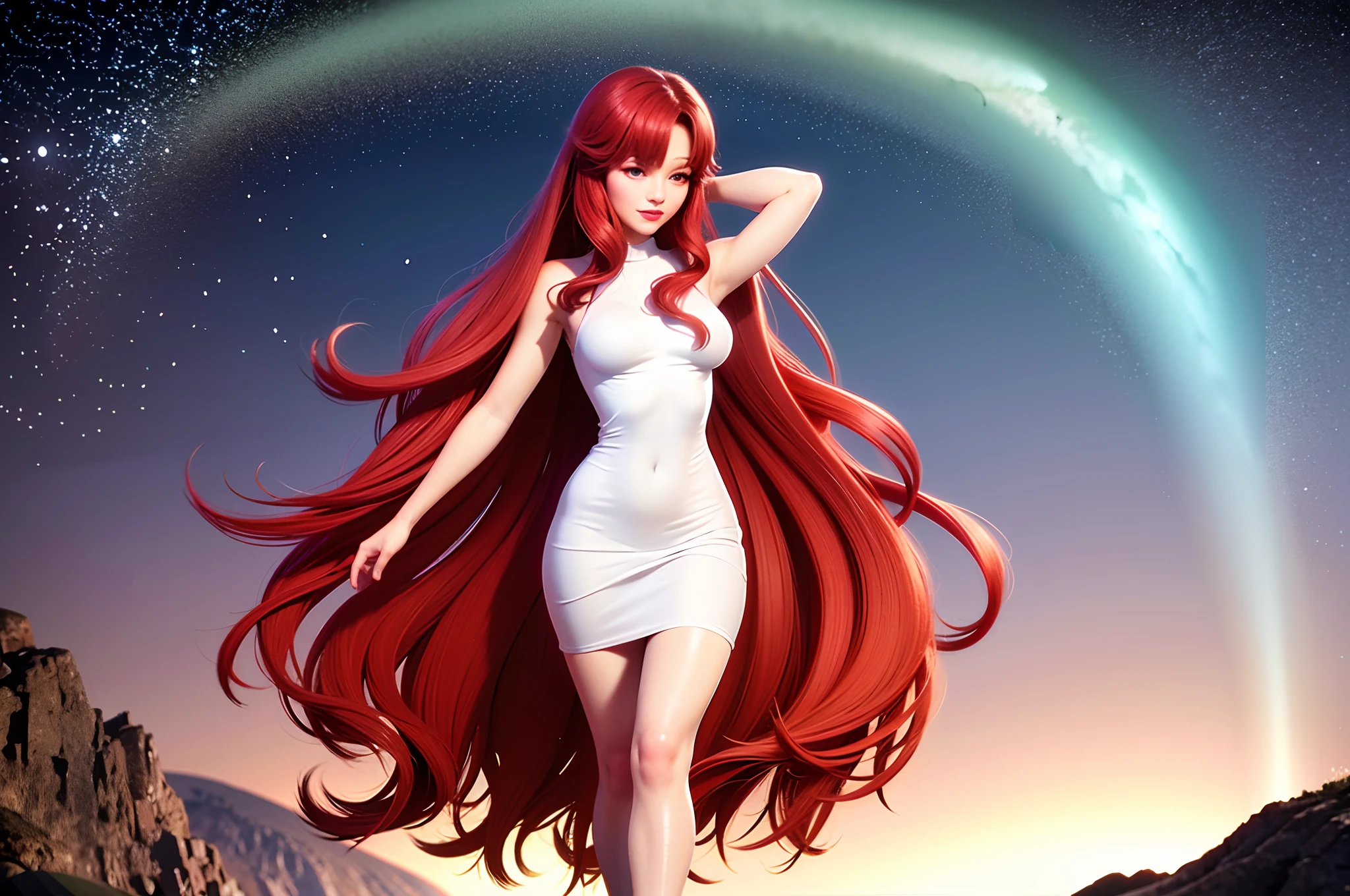 (Background Centre:1.6), 3D Animation film, CG Animation, high quality Animation, 1 girl, red hair, long curly hair, smile, blush, happy, emit a faint luminescence green gradient Long dresses, Standing on the edge of a sheer cliff, hips protruding in this direction, Back shot, a large red moon, vaguely reddish nebulous clouds. detailed background: 1.2, bokeh, moisturized eyes, shiny hair, ultra detailed skin, Fantastic light effects,