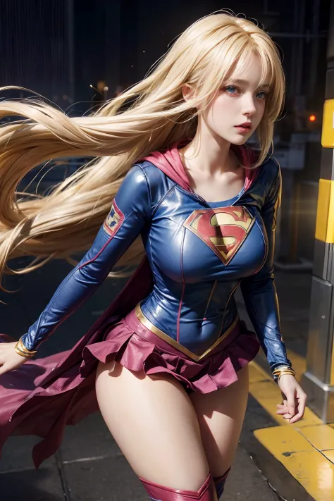 1girl super girl,big boobs, yellow hair, blue ayes,high res,hyper realistis, ultra detail