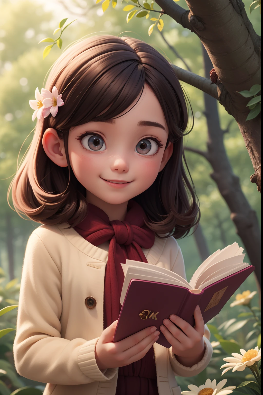 a  reading book,happy, forest, flower, (8k, best quality, masterpiece:1.2),(best quality:1.0), (ultra highres:1.0)