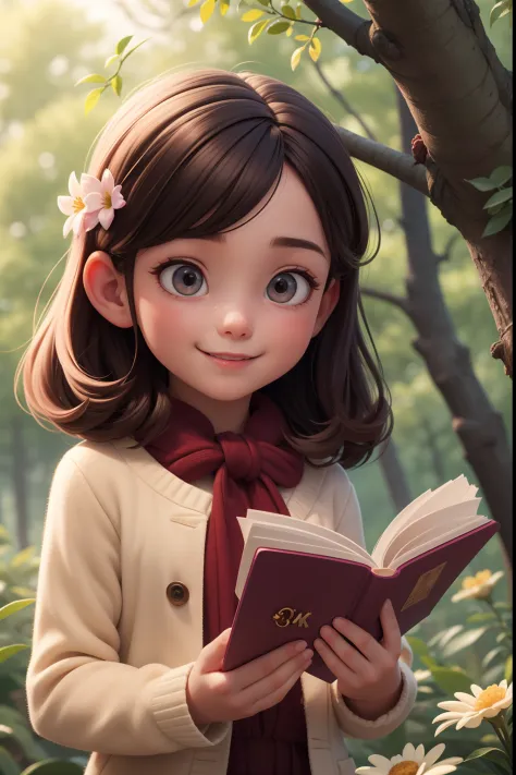 a little girl reading book,happy, forest, flower, (8k, best quality, masterpiece:1.2),(best quality:1.0), (ultra highres:1.0)