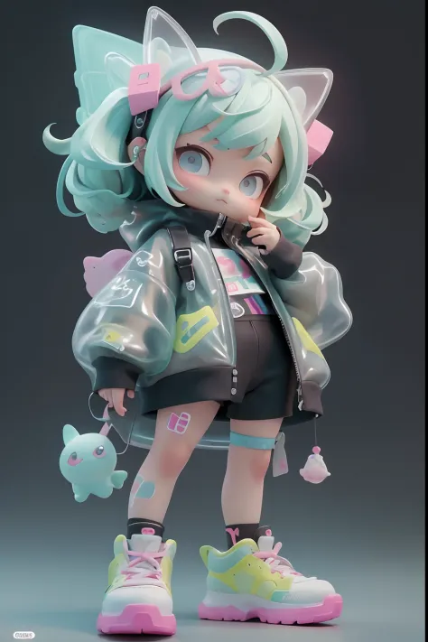 Cute little girl wrapped in transparent plastic, chibi, fluorescent translucent sports fashion trend clothing, wearing Nike shoes, candy color, simple and bright background, 3D toys, cyberpunk style, cinema4d, octane render, 3d model, collectible toys,Nend...