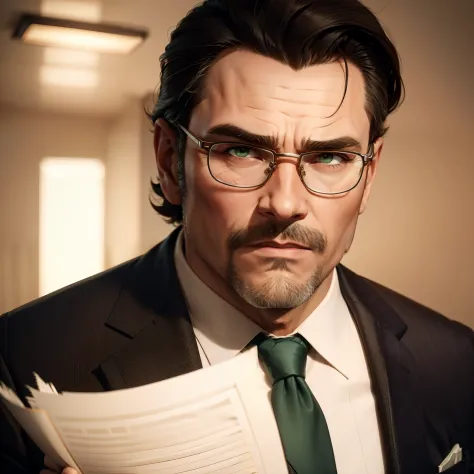 1man. 50-year-old man. Daddy aesthetic. Serious expression. Appropriate attire for lawyer job, like suit and vest. Courthouse office setting. ((Trimmed and neat hair)). Dark brown hair with greying edges. Trimmed stubble. Pine-green eyes. Reading glasses. ...