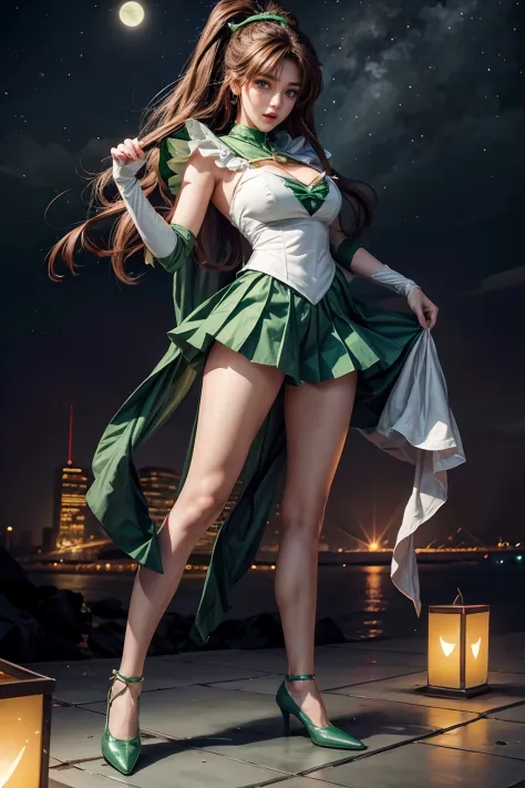 1girl green sailor moon,big boobs, brown hair, green ayes,high res,hyper realistis, ultra detail