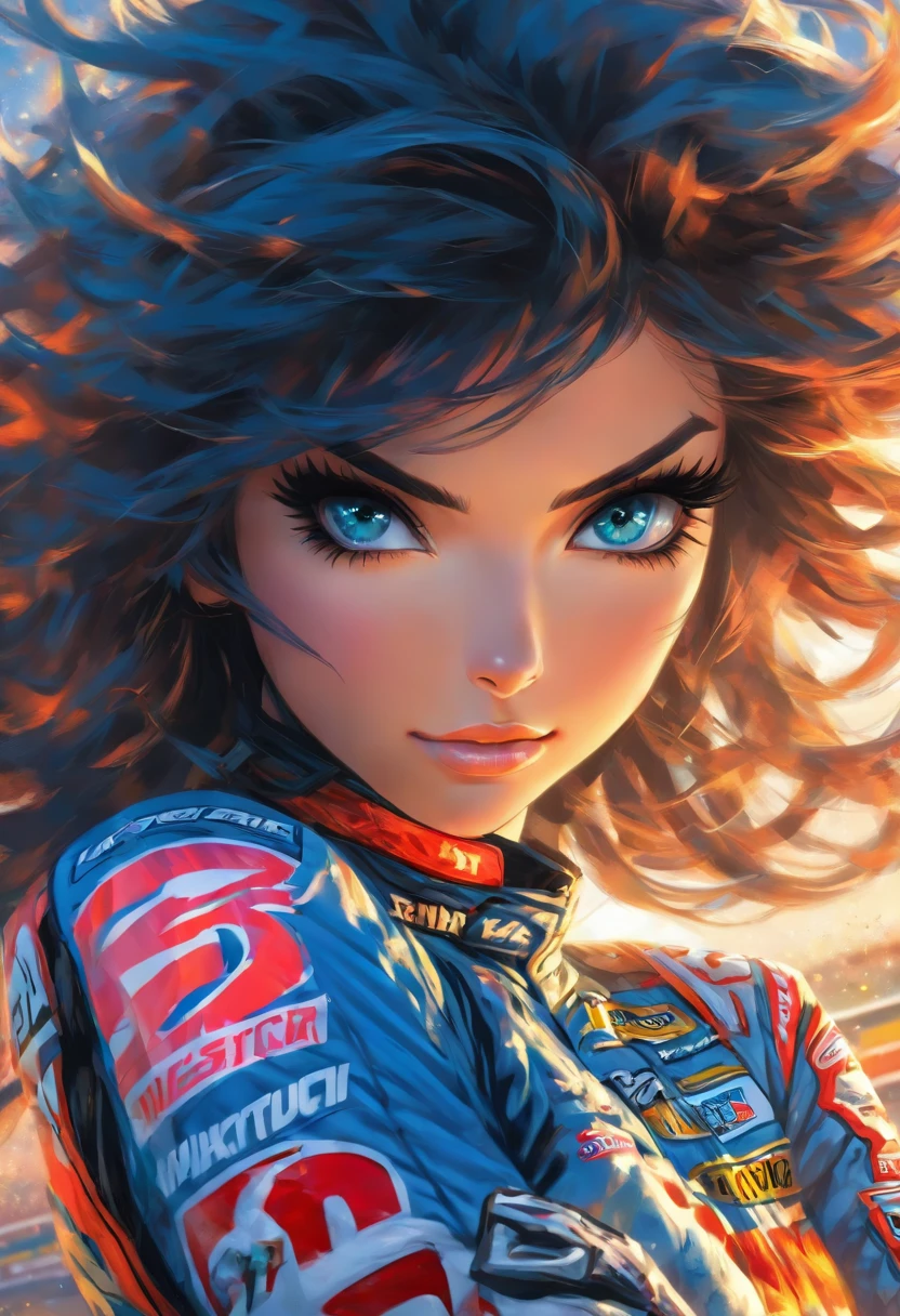 A painting of a woman with blue eyes and a racing outfit - SeaArt AI