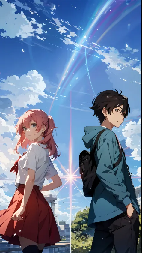 a boy and a girl with their backs to each other，turn back，brilliant sky，girl with medium and long pink hair wearing a white top ...