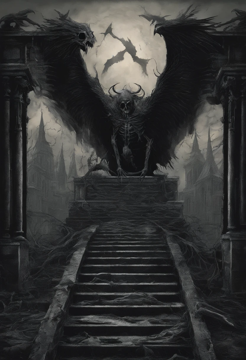 A black and white photo of a demonic demon sitting on a stairway - SeaArt AI