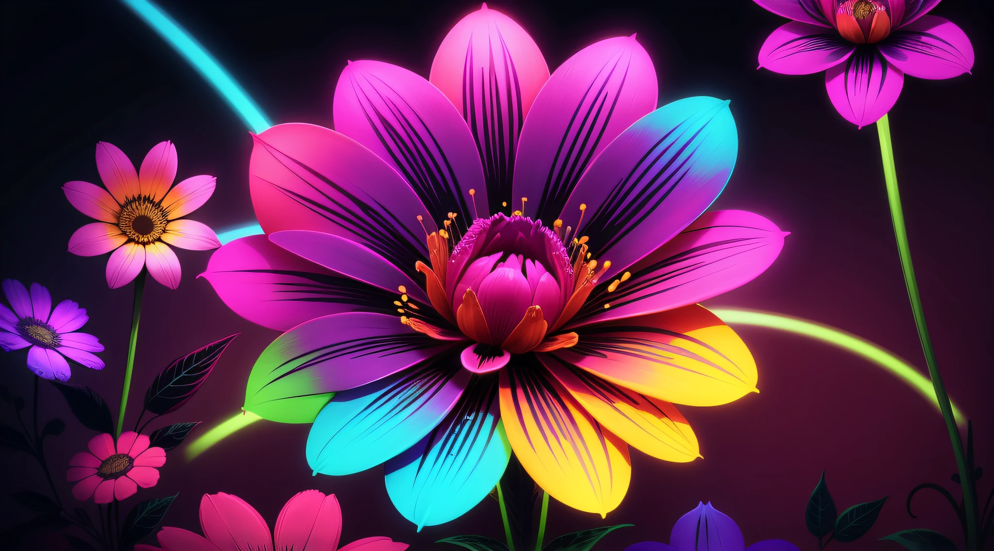 Brightly colored flowers are in a field with a black background SeaArt AI
