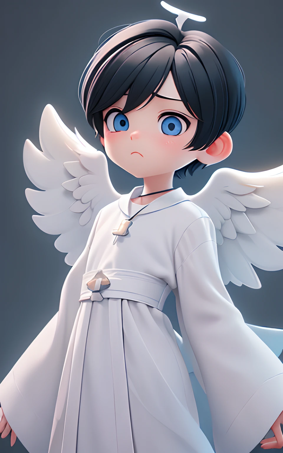 Pixar, 1 boy, Angelic appearance, (Short-haired black hair:1.5), Eyes are blue, Yancha Face, (With keen eyes:1.5), (Bad eyes:1.5), A very surprised face, Bad character, (Little white angel wings:1.5), Wearing a cross necklace, Angelic white robes, 独奏, Bangs, male people, Upper body