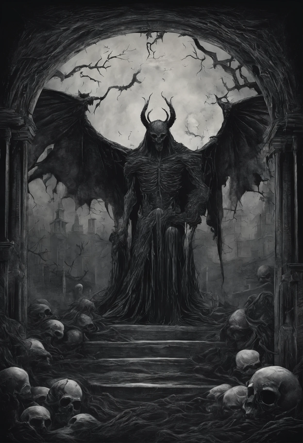 A black and white image of a demonic demon standing in front of a graveyard  - SeaArt AI