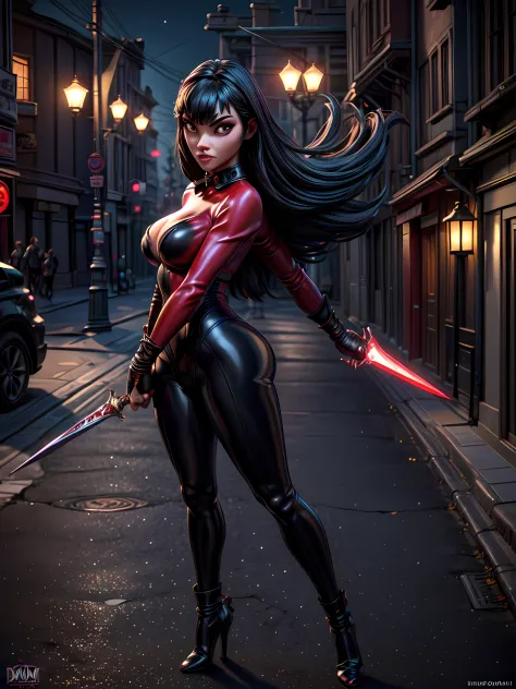 a 3d pixar animation style picture of vampirella standing in the street at night, vampirella (masterpiece, extremely detailed, h...