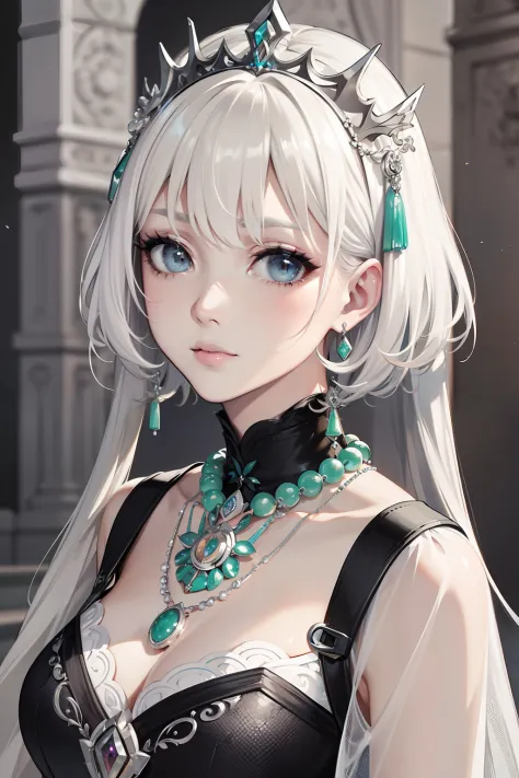 ​masterpiece、top-quality、hight resolution、High-quality images、8K.1womanl、Monochrome grayscale、skin gloss、Texture of skin and clothing、the detail、Detailed eye expression、Lustrous hair、Platinum Blonde Shorthair、Ancient princess、Jade necklace、horoscope