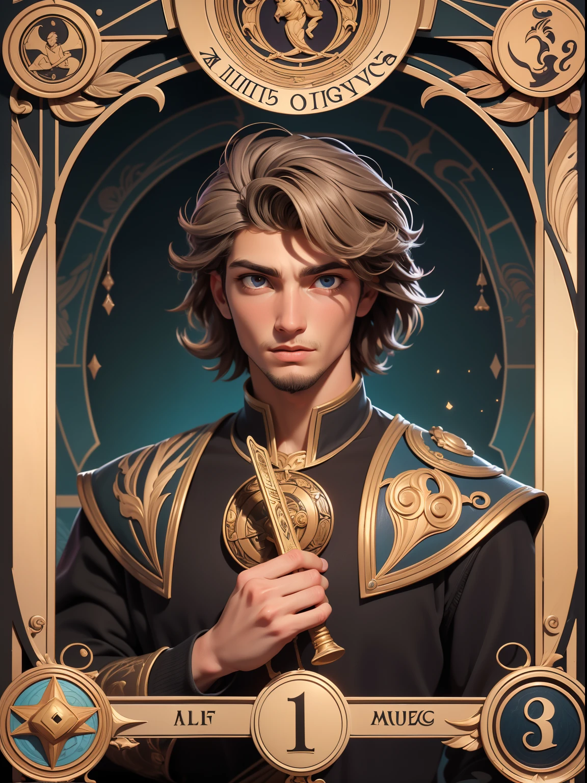 (absurdres, highres, ultra detailed), 1 young male, adult, handsome, short hair, finely detailed eyes and detailed face, the knights \tarot\, Symbolism, Visual art, Occult, Universal, Vision casting, Philosophical, Iconography, Numerology, Popularity, Artistic, Alfons Mucha