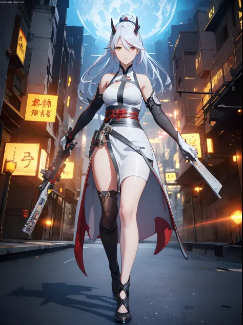 an alone girl with long red color slice gray hair in magazine cover , yellow eye , running, sci-fi china city , night time, high...