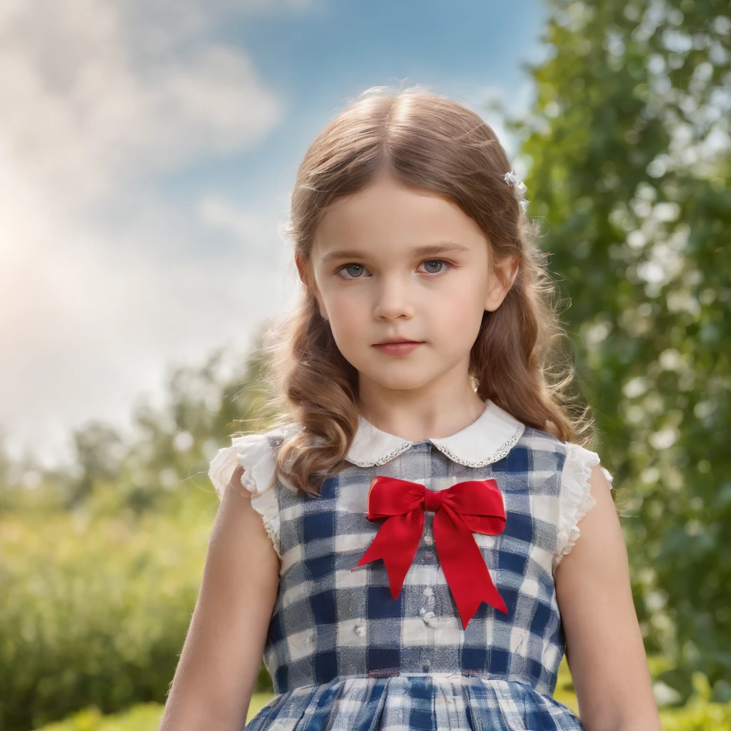 little girl with bow dress and vintage style plaid bow, blue, red and white colors, garden background, sunny day, close up shot, high quality photo.