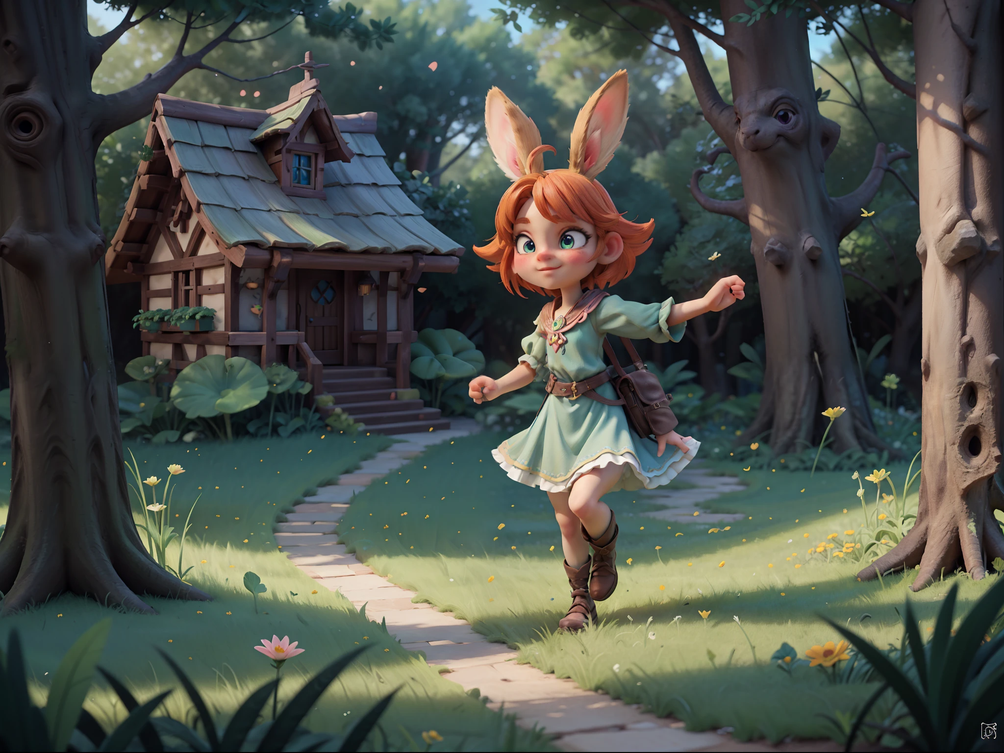 rendu 3D, Capture d’écran de film d’animation, L’aventure du lapin, Scène vibrante et colorée, YEUX EXPRESSIFS, expression ludique et espiègle, Cadre de jardin luxuriant et fantaisiste, hautes herbes et fleurs, ambiance magique, la lumière du soleil filtre à travers les arbres, Palette de couleurs vives et saturées, Éclairage dynamique, Textures réalistes, Animations de haute qualité, Arrière-plans conçus par des experts, paysages visuellement époustouflants, Attention au détail, narration immersive, Des visuels enchanteurs et captivants, Créatures et personnages magiques, Des moments épiques et palpitants, Des scènes réconfortantes et émouvantes, Des prises de vue visuellement saisissantes et mémorables, Chef-d&#39;œuvre cinématographique.