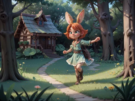 3d render, animated movie screencap, rabbit's adventure, vibrant and colorful scene, expressive eyes, playful and mischievous ex...
