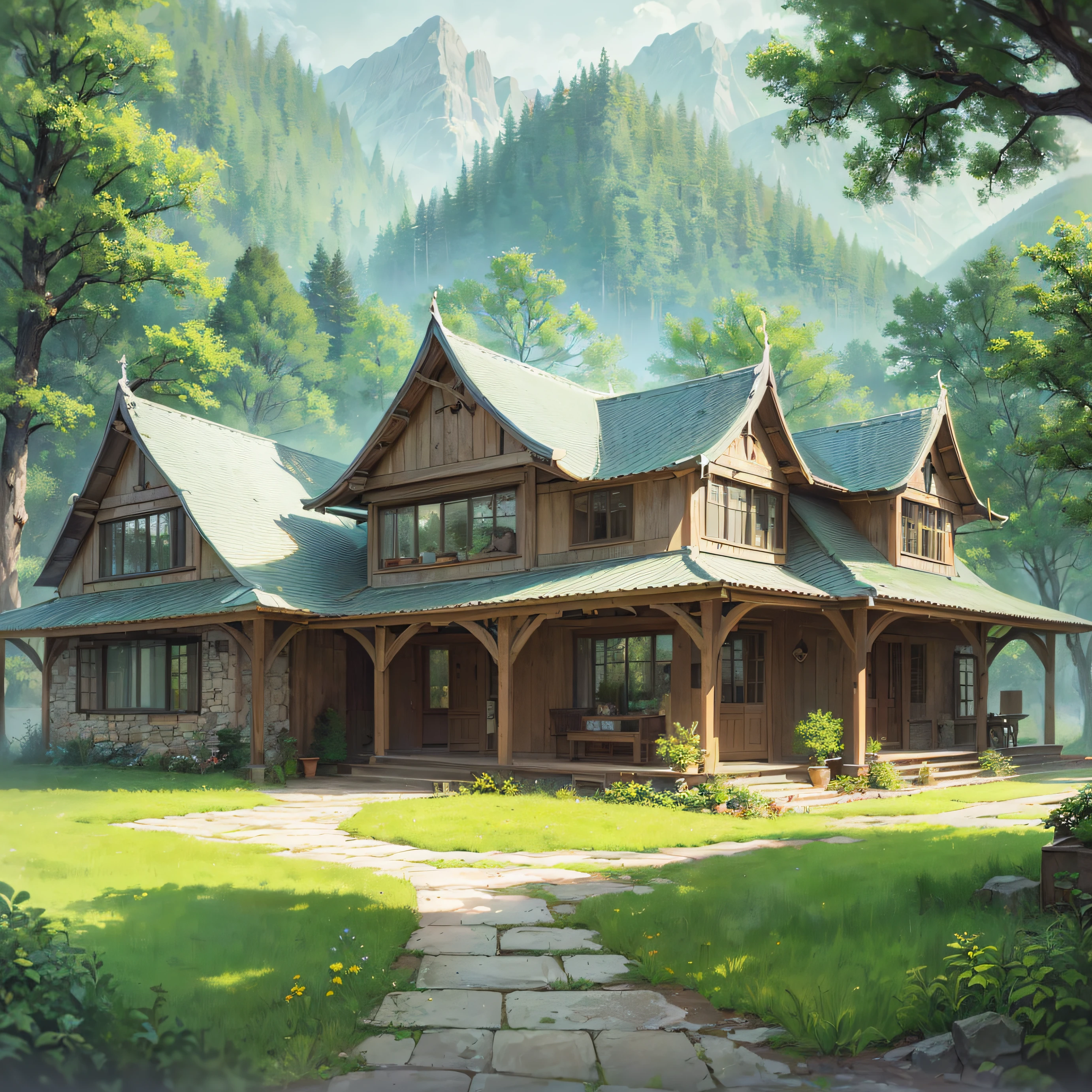 ((Drkaon's House, Stone walls, arched windows, Curved roof, Smooth Lines)), Forest and mountains in the background, ((same character, front, side, backboob)), (Artistic stylistics), ((Drawing in the style of a technical sketch)), higly detailed, Best Quality, tmasterpiece, The work of the wizard, 16K