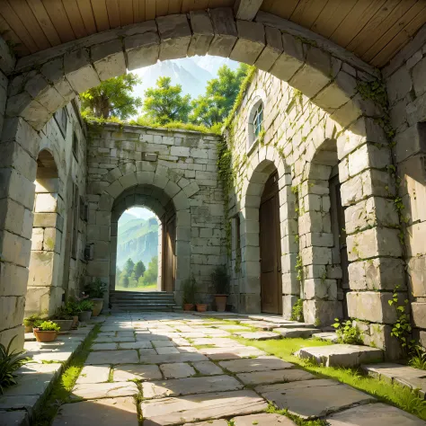 ((Drkaon's House, Stone walls, arched windows, Curved roof, Smooth Lines)), Forest and mountains in the background, ((same chara...
