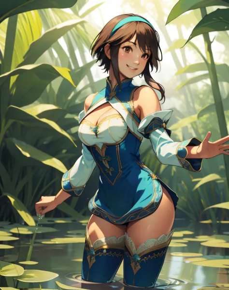xianghua,brown eyes,short hair with long locks,lips, brown hair, solo, upper body, cute, smiling, hands behind back, lower body, xiaRobe, short blue dress , tight blue thighhighs ,cleavage cutout ,hairband, detached sleeves ,jewelry, puffy sleeves, white p...