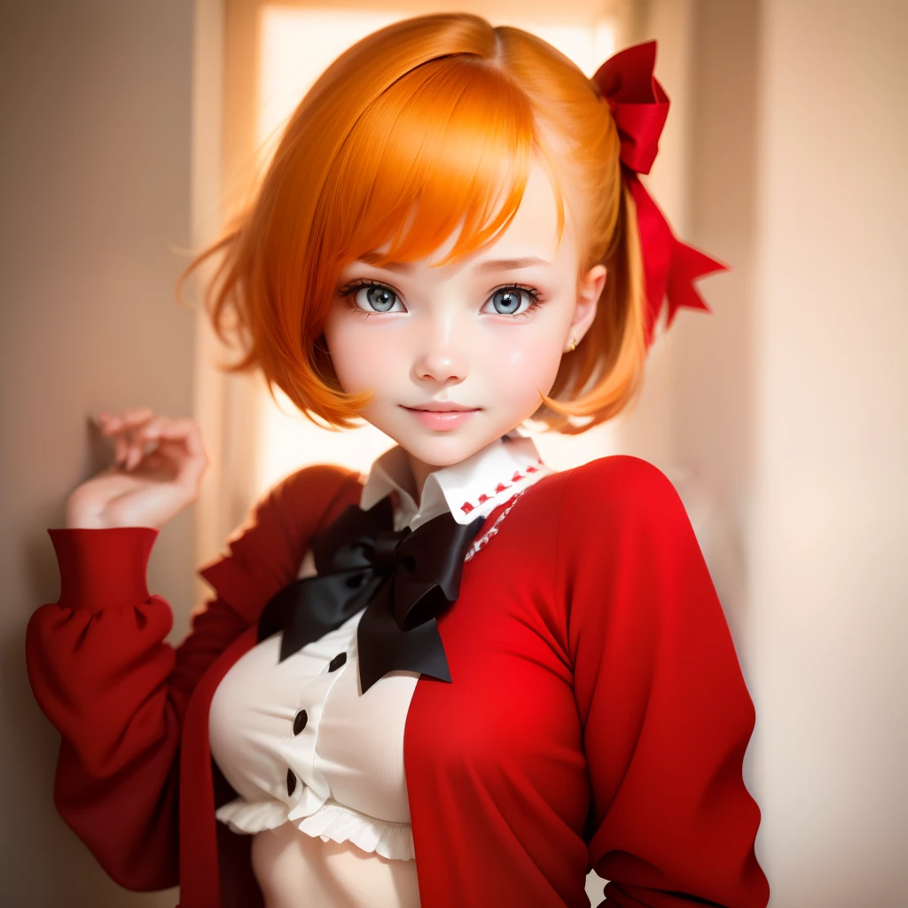 High quality, Best Quality, masutepiece, absurderes, Red_Jacket, bow ribbon, Red_Eyes, blond_hair, Short_hair, hair_bow ribbon, Smile, 1girl in, Torn clothes, Pieces of cloth,