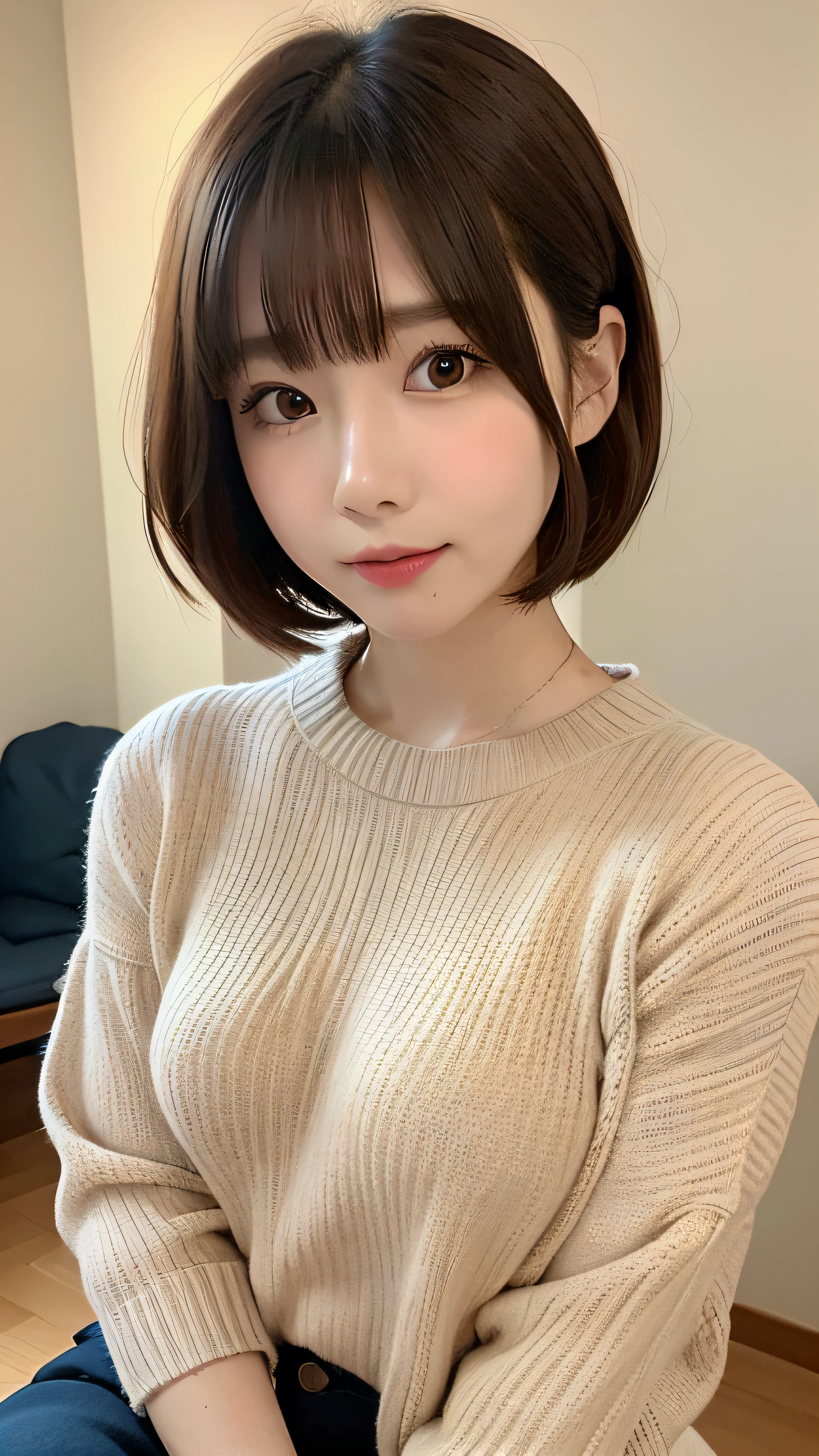 a close up of a woman in a sweater posing for a picture, Middle metaverse, 奈良美智, japanese model, beautiful asian girl, with short hair, 2 4 year old female model, 4 k ], 4k], 2 7 years old, sakimichan, sakimi chan