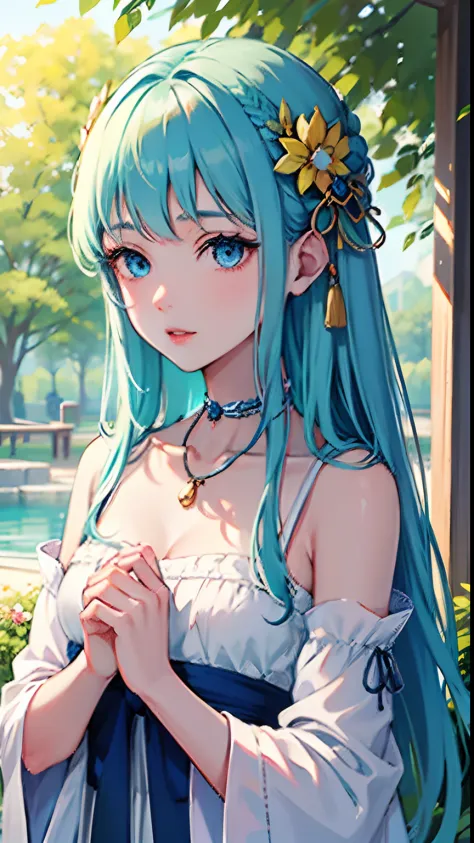 (masuter piece,Best Quality,Ultra-detailed), (A detailed face) realisitic, 1gril, 独奏, (lightblue hair), Floral ornament, length ...