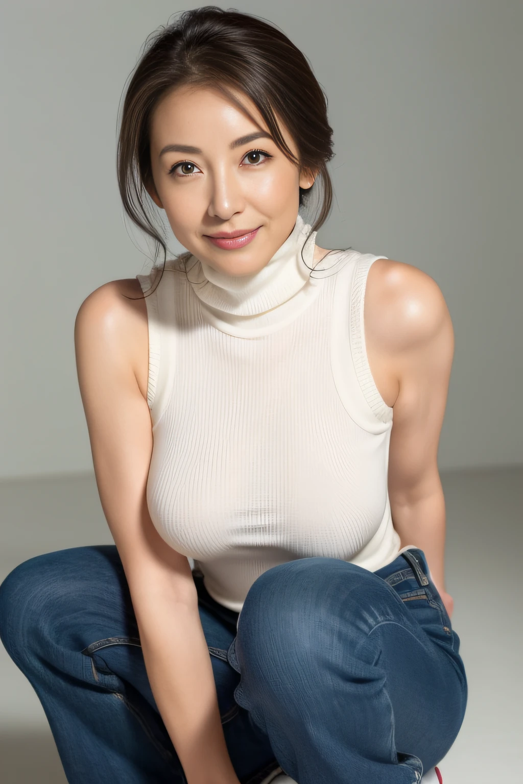 japanese mature, (Solo), 50 years old, (Wrinkles at the corners of the eyes:1.2), Large breasts, A MILF, glamor, A sexy, Chromo-white skin, Looking at Viewer、Super large udder、Wearing a sleeveless turtleneck knit、Tight Fit Knitted Dresses、Muchimuchi、Tight Fit Denim Hot Pants、high-heels、ssmile、Public places、Squatting、Get down on one knee