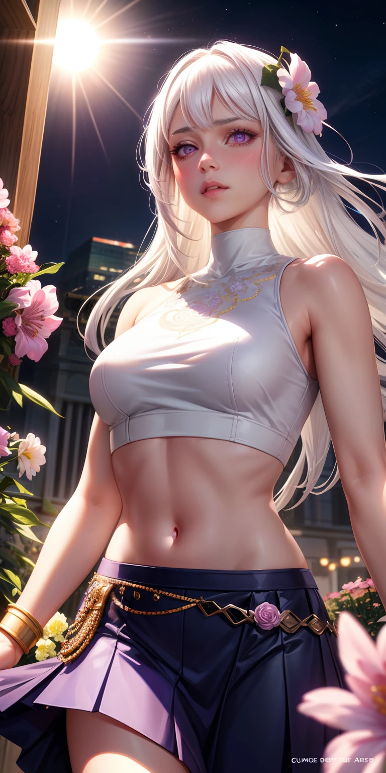 realistic, 1girl, white hair, purple eyes, glowing eyes, crop top, skirt, parted lips, blush, night, flowers, sun, sunlight,