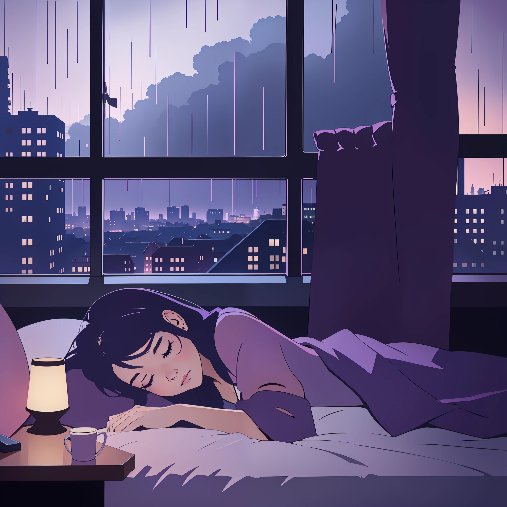 Chica anime acostada en la cama con vista a la ciudad por la noche - SeaArt  AI