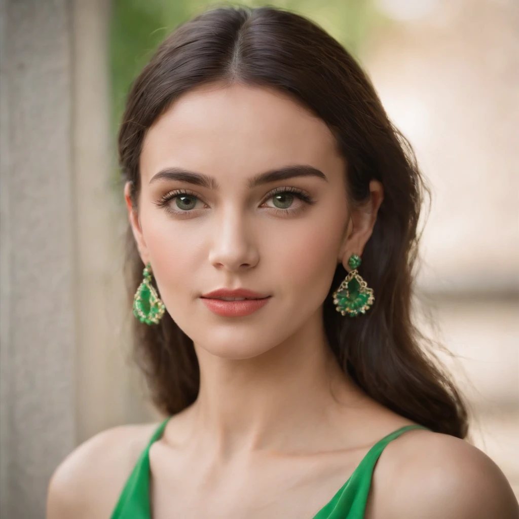 a young woman in a green dress wearing earrings, in the style of uhd image, wollensak 127mm f/4.7 ektar, translucent color, groovy, associated press photo, bold fashion photography, flickr --ar 2:3 . style raw