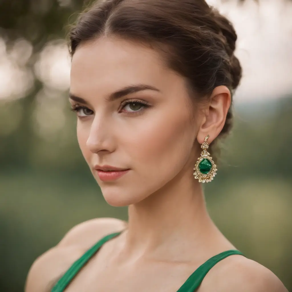 a young woman in a green dress wearing earrings, in the style of uhd image, wollensak 127mm f/4.7 ektar, translucent color, groovy, associated press photo, bold fashion photography, flickr --ar 2:3 . style raw
