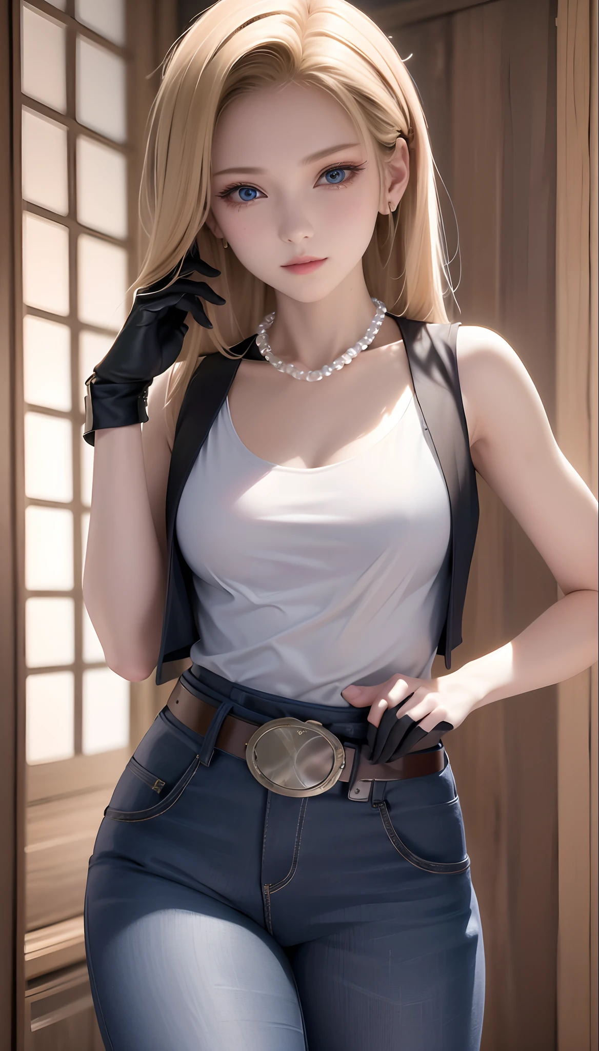 8K、Actual image、intricate detailes、Ultra-detail、(Photorealsitic)、
and18, 1girl, android 18, blonde  hair, blue eyess, a belt, GENDER, pearl_necklace, A bracelet, black gloves, white  shirt, length hair, shortsleeves, earrings, Blue pants, open vest, Black vest,
Placid、signature