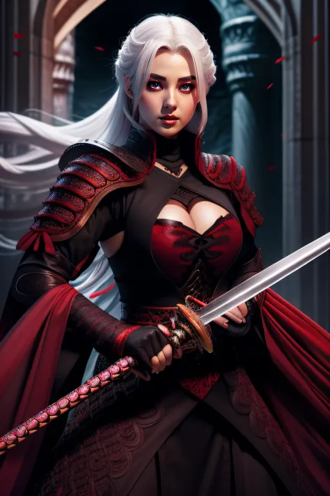 voluptuous young beautiful sexy dnd dhampir holding vorpal sword with white hair and red eyes with black armor on