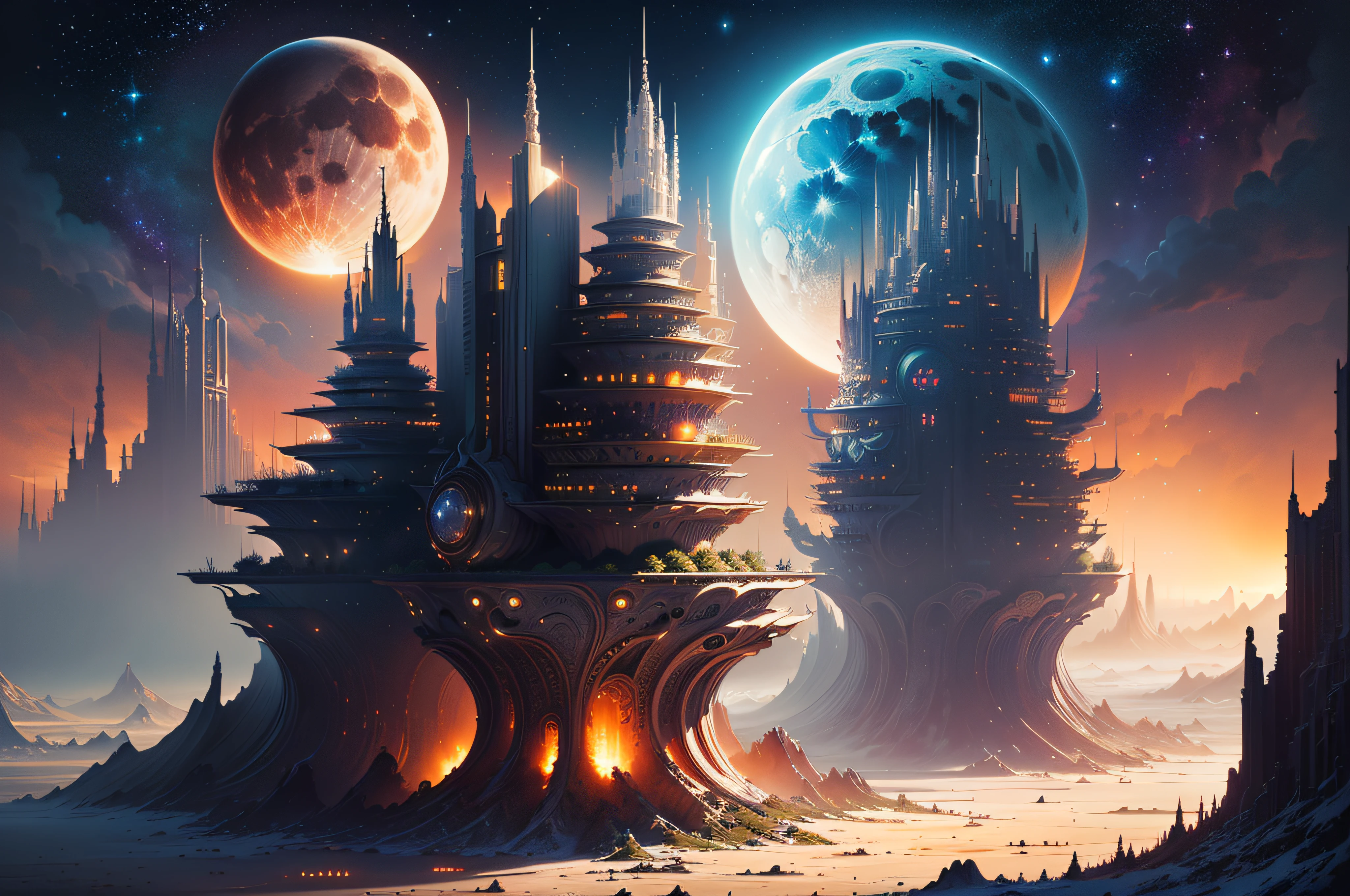 masterpiece, intricate details, ff14style, painting of futuristic city on the moon, space, stars, galaxy, planet, vivid colors,