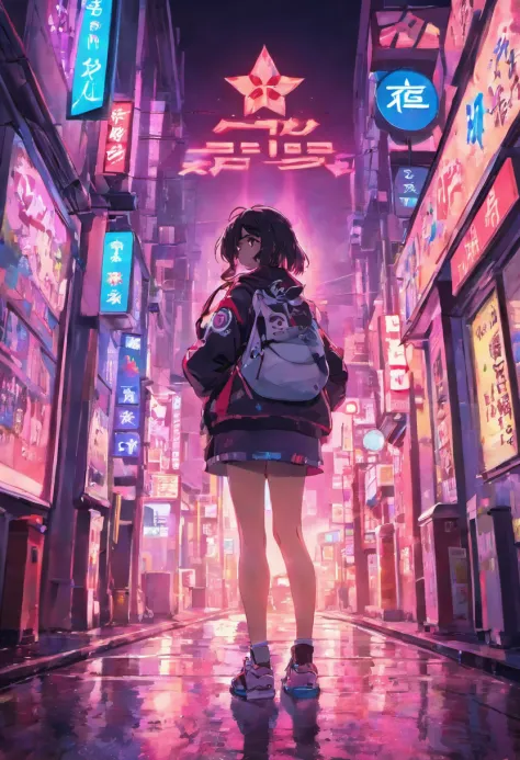 Tokyo cityscape at night, with vibrant neon lights and futuristic