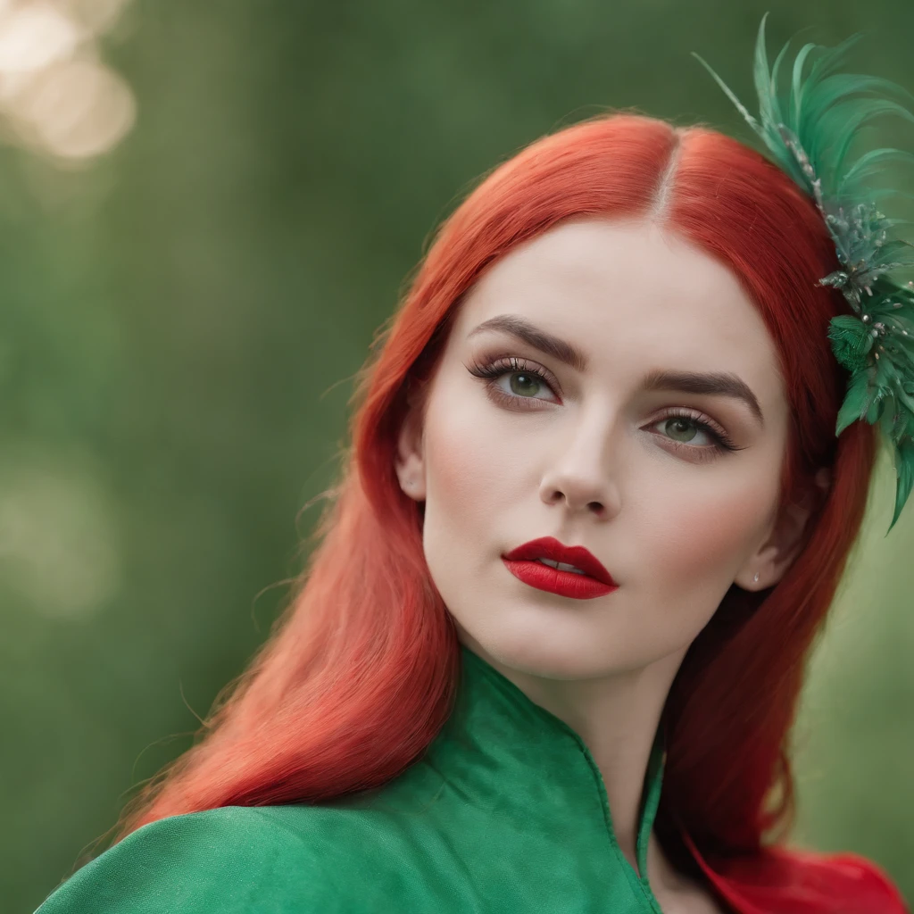 Woman, in the style of bold fashion photography, red and green, detailed costumes, barbiecore, pale palette, iconic, grandiose color scheme