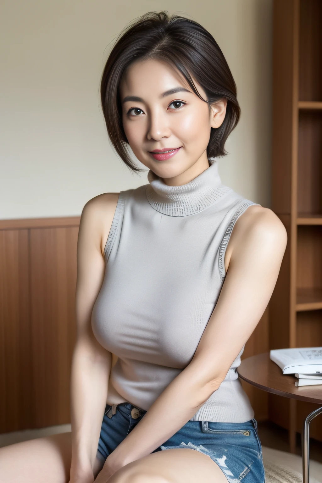 japanese mature, (Solo), 50 years old, (Wrinkles at the corners of the eyes:1.2), Large breasts, A MILF, glamor, A sexy, Chromo-white skin, Looking at Viewer、Super large udder、Wearing a sleeveless turtleneck knit、Tight Fit Knitted Dresses、Muchimuchi、Ultra-short denim shorts with a tight fit、high-heels、ssmile、livingroom、Sitting with legs open