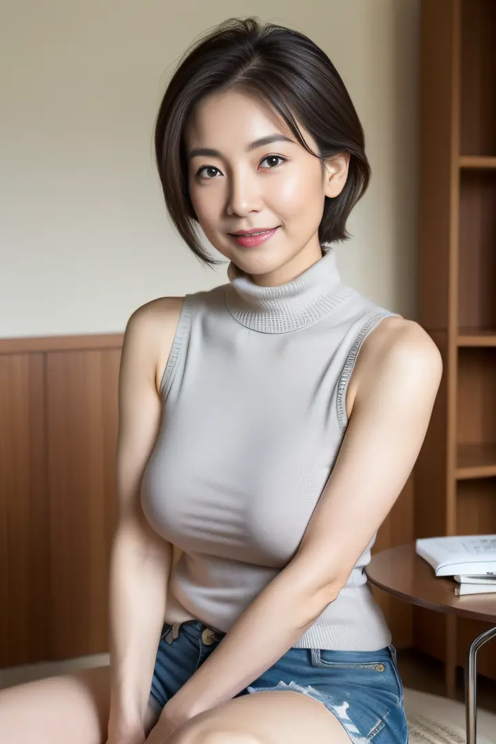 japanese mature, (Solo), 50 years old, (Wrinkles at the corners of the eyes:1.2), Large breasts, A MILF, glamor, A sexy, Chromo-...