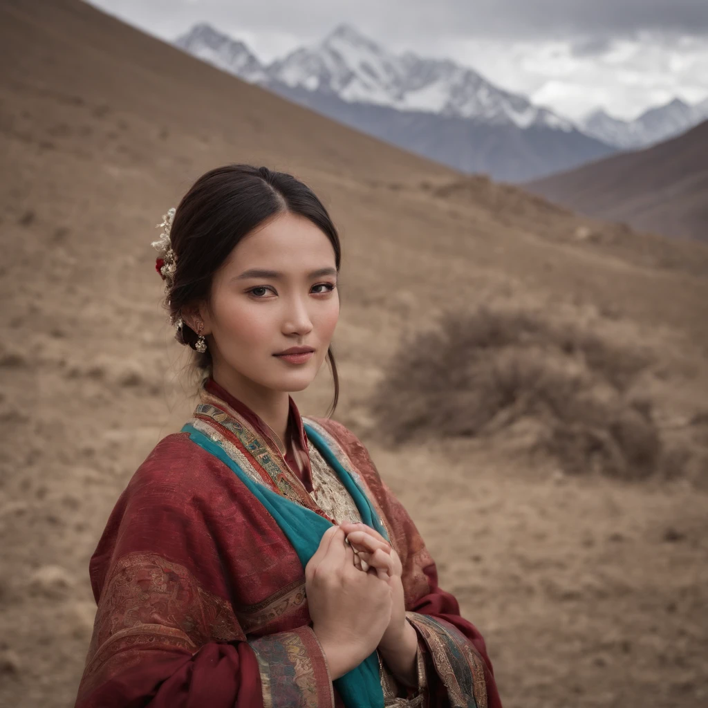 surrealism, Verism, Chiaroscuro, Depth of field, Cinematic lighting, movie picture quality，strong contrast of light and shadow，back lit lighting, filmgrain, hyper HD, Masterpiece, ccurate, Textured skin, Super detail, High details, High quality, Best quality, A high resolution, 8K,The scene is the scenery of the Qinghai-Tibet Plateau，There are snowy mountains，prayer flags，wooden cabin，「A beautiful 28-year-old Tibetan girl」，The costumes are Tibetan art costumes，Photographic style