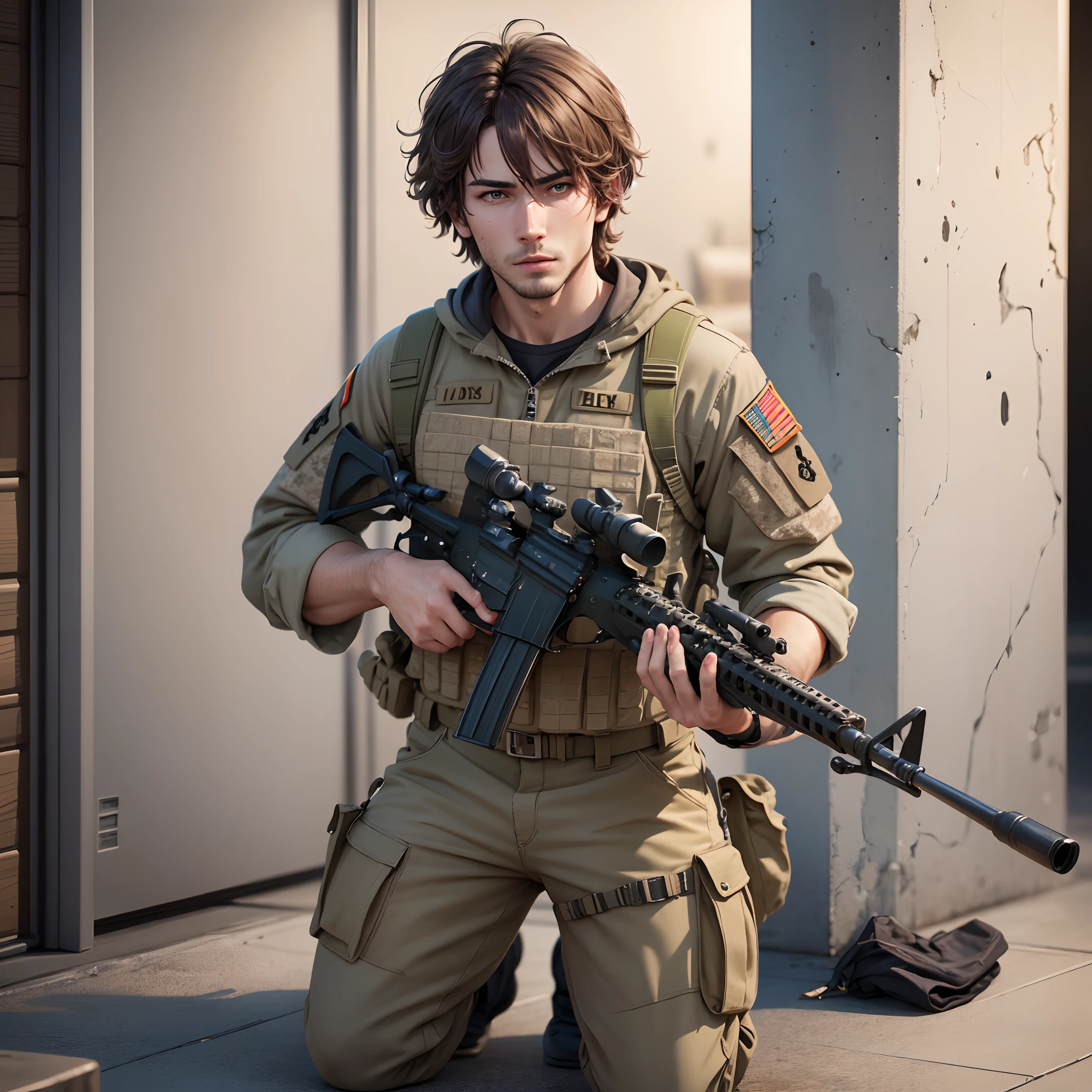 A handsome guy with short hair, messy hair, identity as a sniper, full-body shooting equipment, equipped with a sniper rifle, dressed as a special soldier, casual and uninhibited, with a sense of shooting atmosphere, game CG, original painting, 8k, (realism: 1.3)