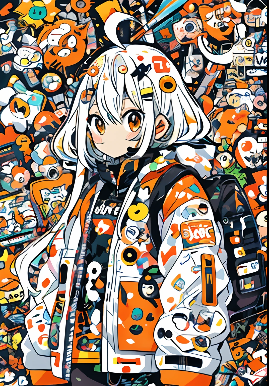 Anime garota with orange and white jacket and black jacket surrounded by stickers, estética de anime mecha, estilo anime 4k, ilustração gráfica de anime, mecha estética, anime robótico misturado com orgânico, ilustração digital de anime, ilustração de estilo anime, estilo de arte fofo, ilustração de anime, anime mangá robô!! Menina anime, arte em estilo anime, arte digital de anime cyberpunk, totalmente robótico!! garota