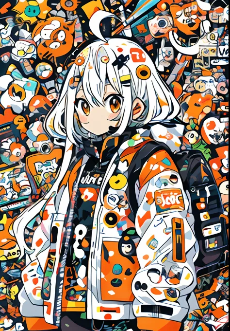 Anime girl with orange and white jacket and black jacket surrounded by stickers, Anime Mecha Aesthetics, anime style 4 k, anime ...