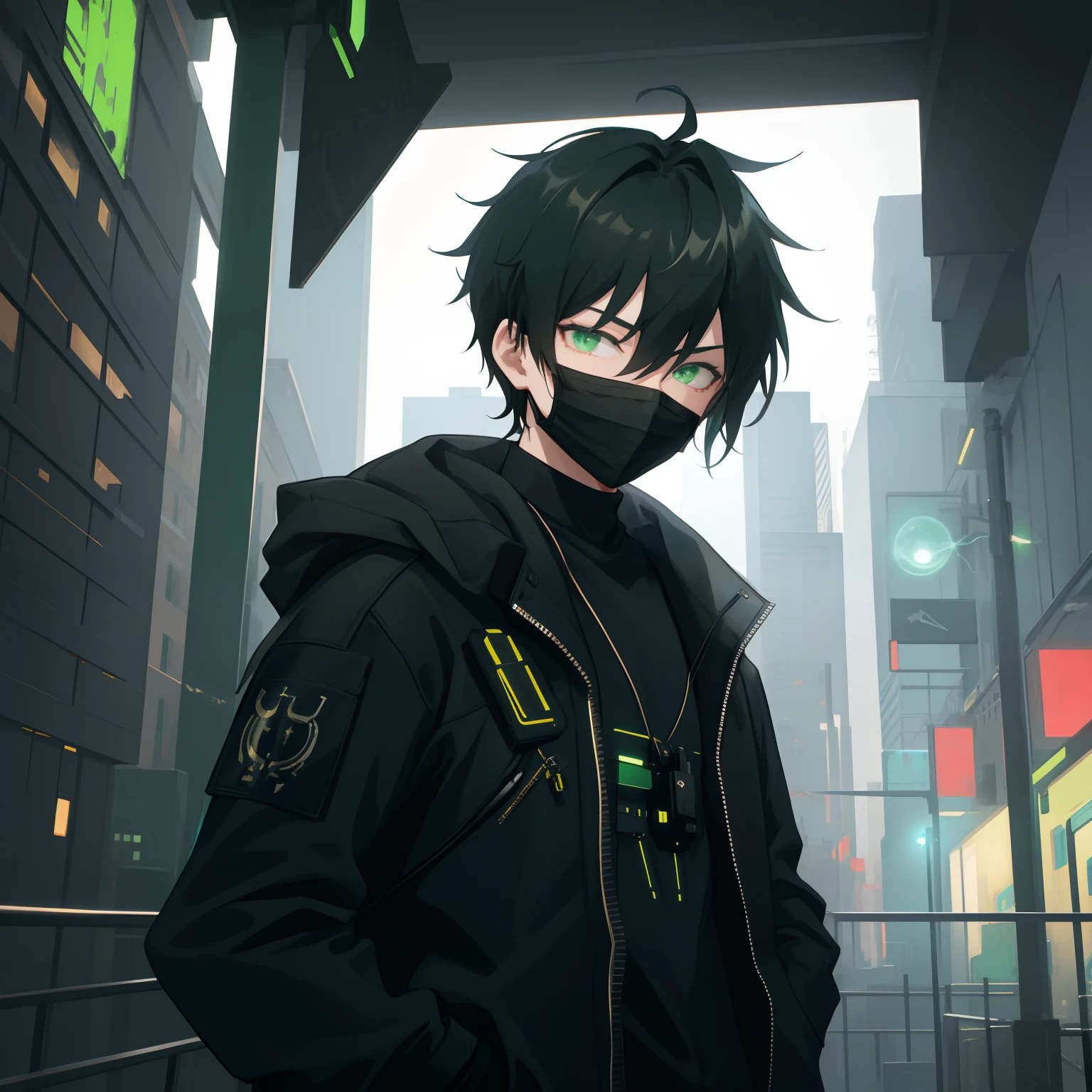 masterpiece, best quality, illustration, science fiction, black green theme, 1boy, solo, male focus, looking down at viewer, hands in pockets, skinny, detailed messy grey hair, glowing green eyes, black techwear coat, black mouth mask, wire, cable, (backlighting), hair_over_one_eye, night, darkness, upper body, (nightsky), cityscape,