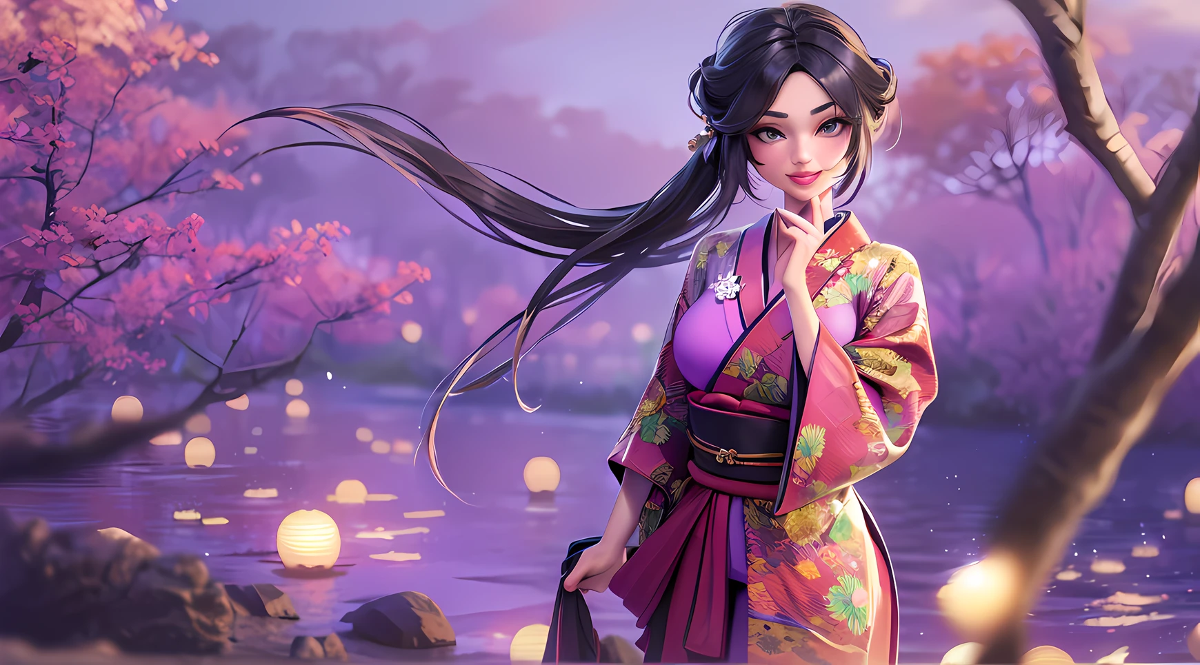 3d animation, (1girl:1.3, solo), (kimono model), (upper body:1.3), (She walks along the dimly lit path of the riverbank.:1.2), (elegant random posing:1.3), highly detailed eyes and pupils, realistic skin, ((attractive body, gigantic breast:1.38, disproportionate breasts:1.38, thin waist:1.15)), ((bobbles ponytail:1.3), (shiny-black hair:1.3),extremely detailed hair, delicate sexy face, sensual gaze, shiny lips, BREAK, (dark-purple kimono:1.3), (japanese clothes:1.3), detailed clothes, BREAK, (outdoor:1.2), (blurry background:1.25, simple background, detailed background), (under sunset:1.37), BREAK, ((realistic, super realistic, realism, realistic detail)), perfect anatomy, perfect proportion, hyper sharp image, (attractive emotion, seductive smile:1.2, happy:1.2, blush:1.2, :d:1.2, :p:1.2), ((4fingers and thumb:1.2)), perfect human hands, wind, BREAK, (Masterpiece, best quality, photorealistic, highres, photography, :1.3), ultra-detailed, sharp focus, professional photo, commercial photo,