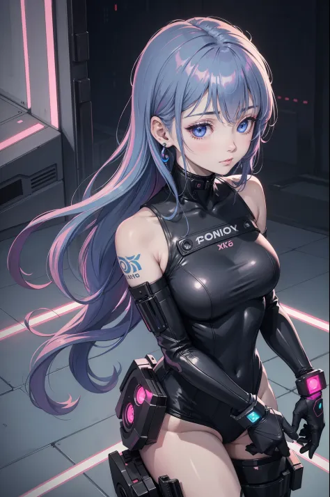 closeup, 1 girl, alone, [dark blue and pink hair: blue and pink hair:0.2], cyberpunk, high tech, V, mechanical parts, looking at audience, black eyes, long hair, luminous laser female super tech jumpsuit, cyberpunk mechanical body parts, with tattoos, inte...