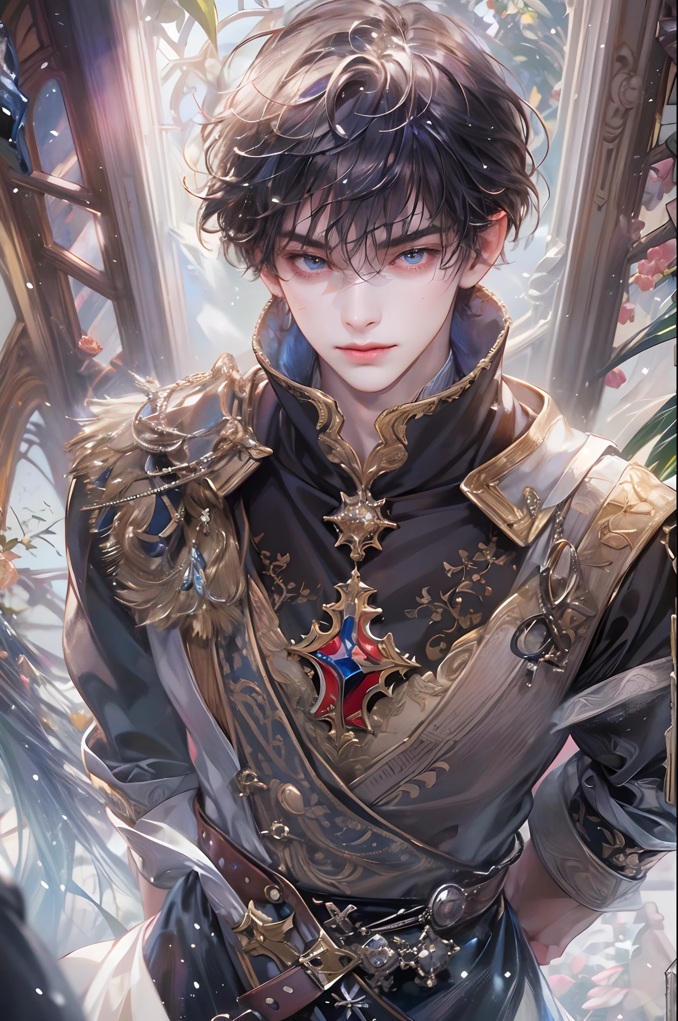 (absurdres, highres, ultra detailed, HDR), masterpiece, best quality, 1 boy , short hair, handsome face, anime eyes, prince from snow white, (handsome(from below:1.1)) detailed interior, detailed character