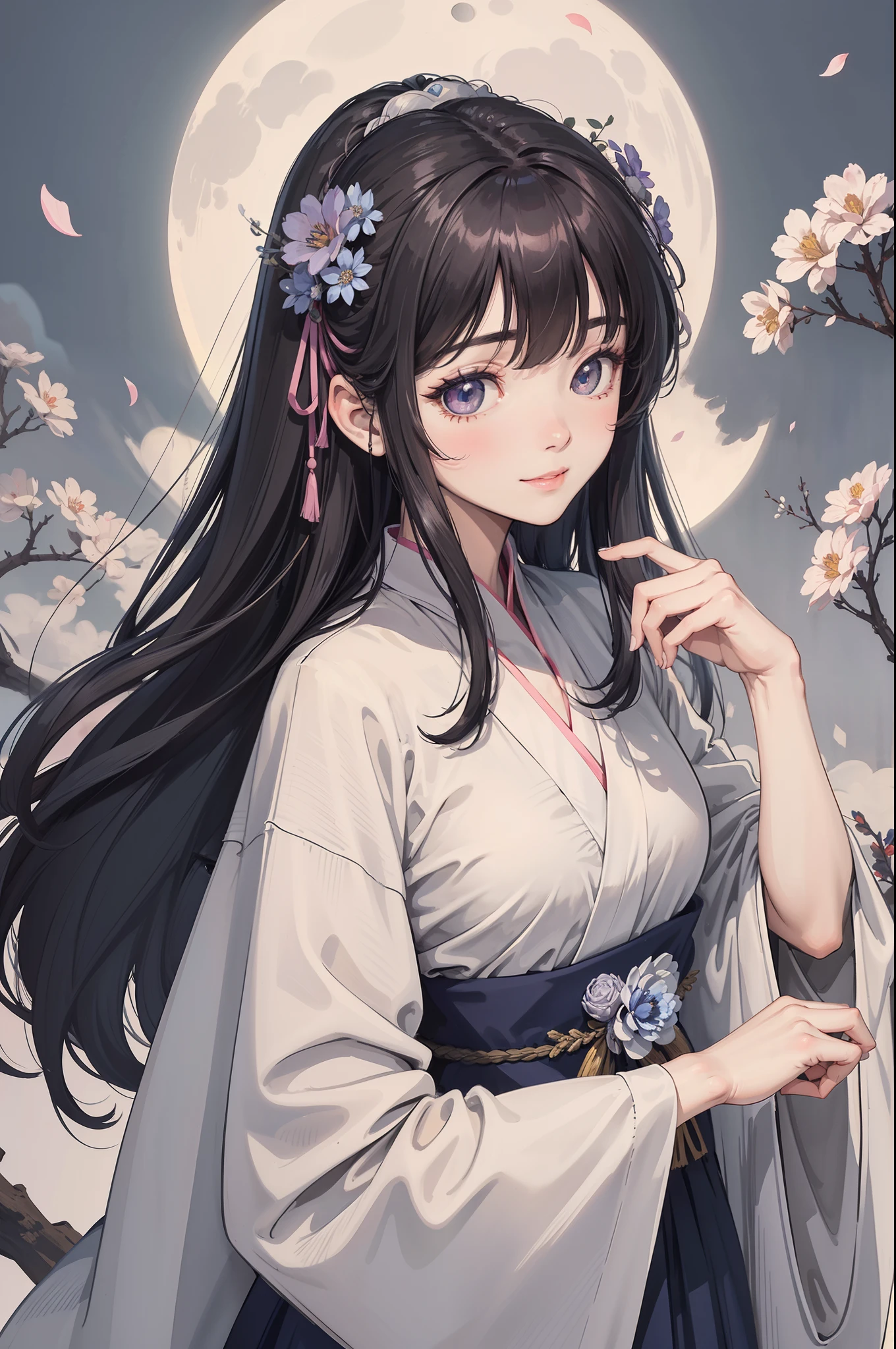 Anime girl with long black hair and blue eyes in a white dress - SeaArt AI