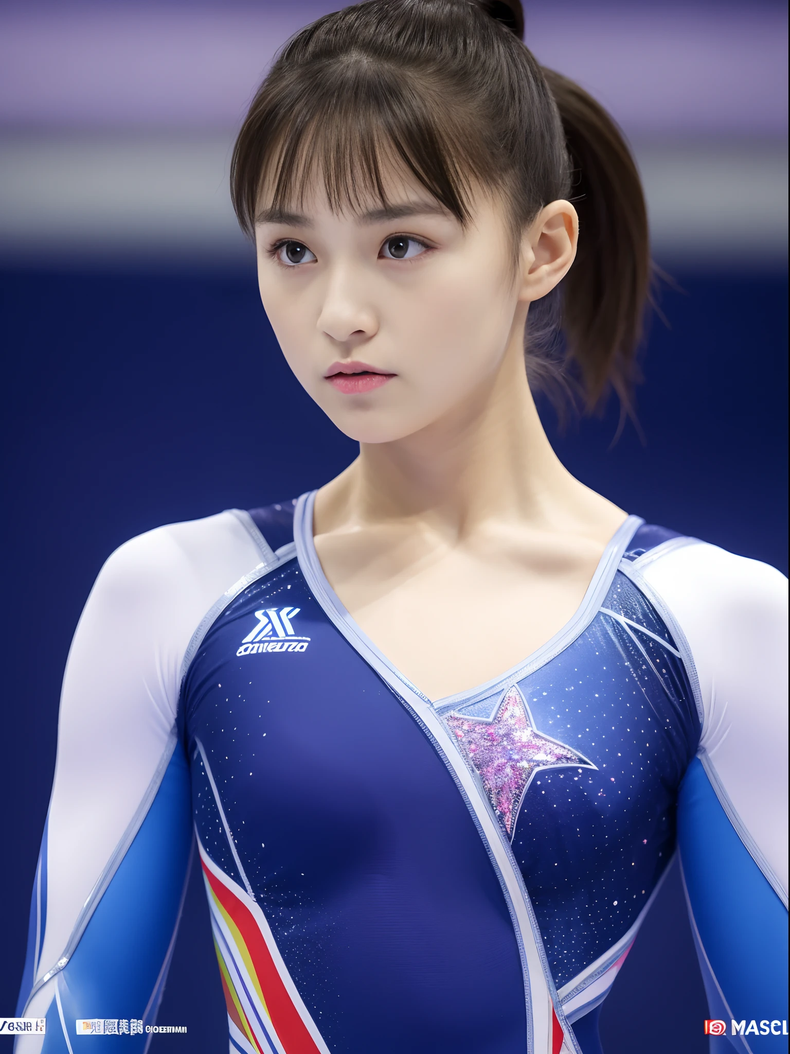 Japan 1 female, 15 years old,Gigantic bust, short ponytail hair,Gymnastics Leotards, U-neck, Long sleeve, Main and trim full foil fabric, Digitally printed lycra fabric, Adorned with gorgeous aurora crystal colored gemstones, ((Gymnastics Stadium)) ,Beautiful figure,Perfect face,Detailed face and eyes,alluring face, Standing,From head to knee,