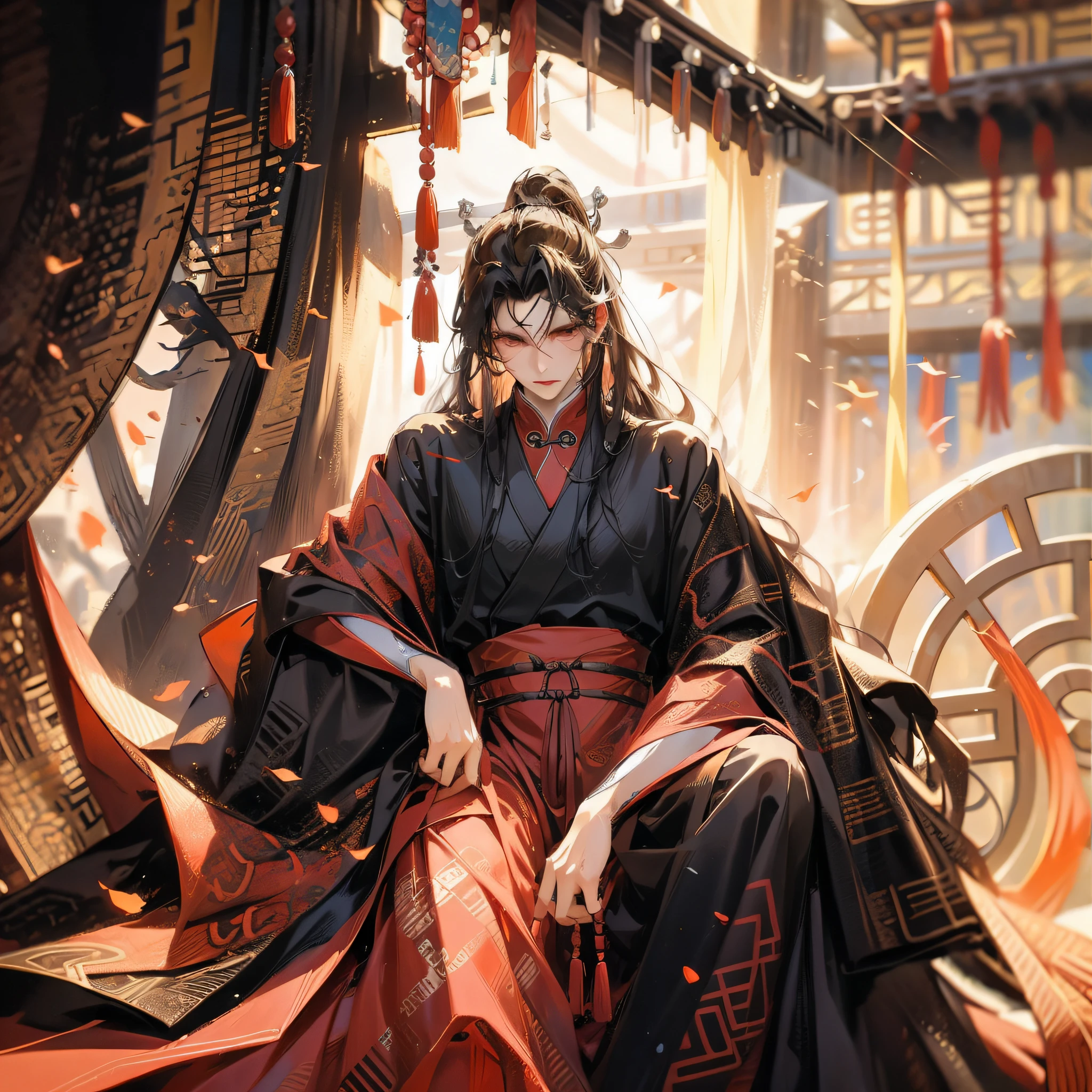 Medium shot,1boy,PERFECT FACE,long black hair,black chinese cloth,sitting_on_chair,the posture of preparing for battle,chinese architecture,panorama,vivid color,gufeng,