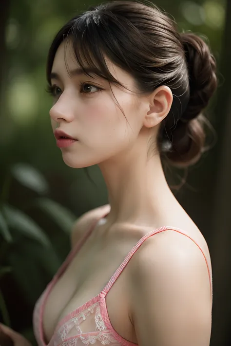 a closeup, ​masterpiece, top-quality, Raw foto, Photorealsitic, sideshot、unbelievable Ridiculous, beautiful a girl, poneyTail, Pink lace underwear、Open your mouth wide、Yawn while stretching、depth of fields, hight resolution, ultra-detailliert, finely detai...